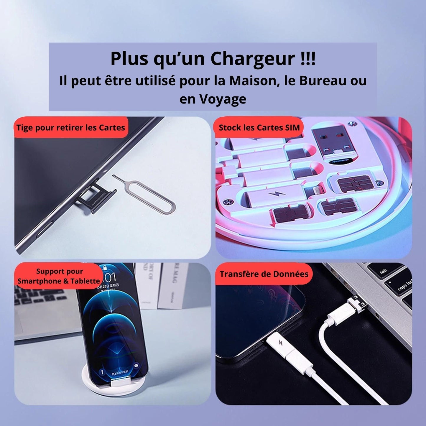 Kit d'adaptateurs de recharge rapide & Support pour Smartphone/Tablette